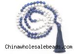 GMN8633 8mm, 10mm white howlite & lapis lazuli 108 beads mala necklace with tassel