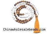 GMN8634 8mm, 10mm white howlite & yellow tiger eye 108 beads mala necklace with tassel