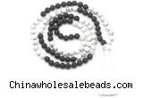 GMN8635 8mm, 10mm white howlite & black lava 108 beads mala necklace with tassel