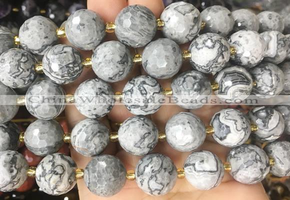 LSBS16 15 inches 16mm faceted round grey picture jasper beads wholesale