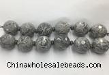 LSBS330 7.5 inches 30mm faceted round grey picture jasper gemstone beads wholesale