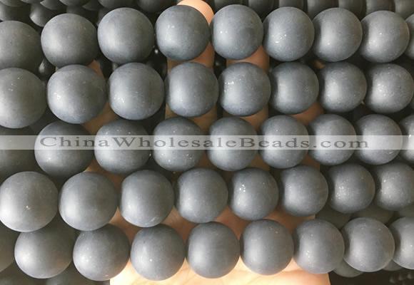 LSBS699 15 inches 16mm round matte black agate gemstone beads wholesale