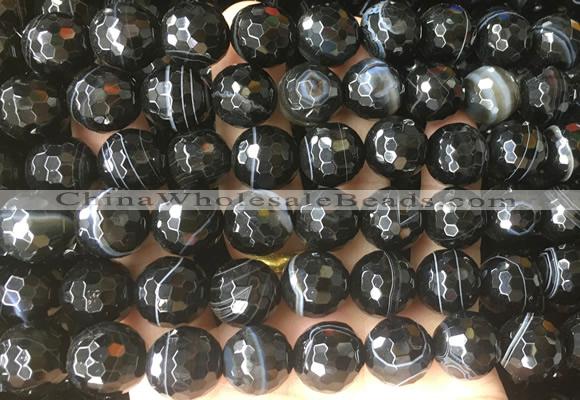 LSBS718 15 inches 14mm faceted round banded black agate gemstone beads wholesale