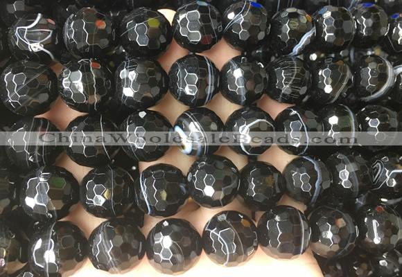 LSBS719 15 inches 16mm faceted round banded black agate gemstone beads wholesale