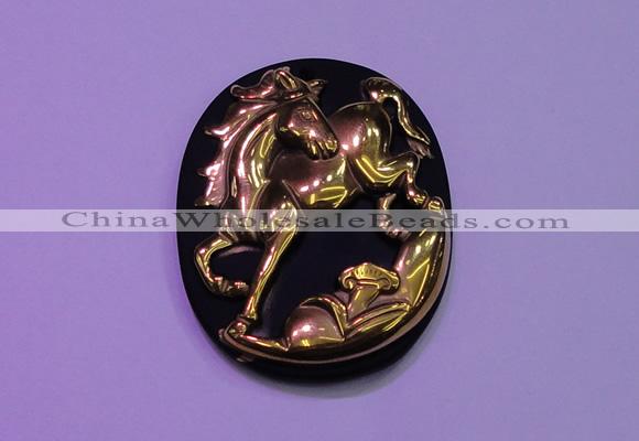 NGP2016 38*45mm carved gold plated matte black obsidian pendants