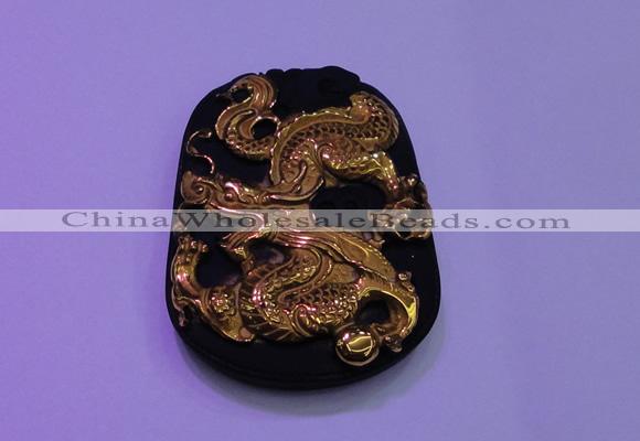 NGP2025 40*55mm carved gold plated matte black obsidian pendants