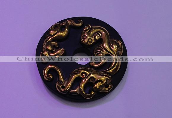 NGP2044 50mm carved gold plated matte black obsidian pendants