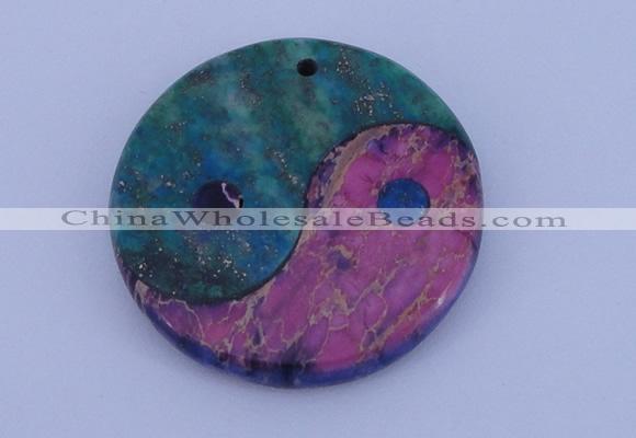 NGP205 6*40mm coin dyed imperial jasper & chrysocolla gemstone pendant