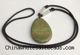 NGP5623 Unakite flat teardrop pendant with nylon cord necklace