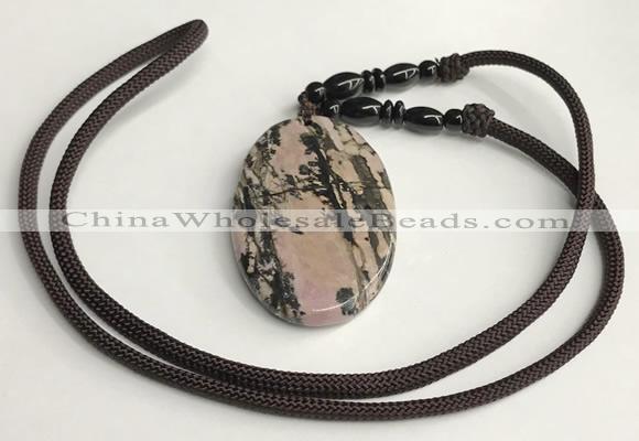NGP5624 Rhodonite oval pendant with nylon cord necklace