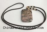 NGP5625 Rhodonite rectangle pendant with nylon cord necklace