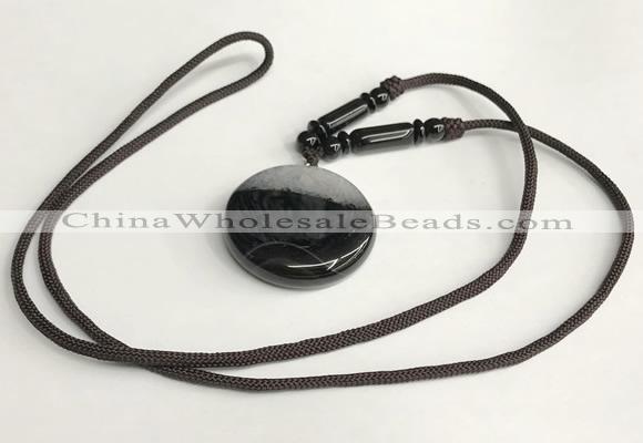 NGP5663 Agate flat round pendant with nylon cord necklace