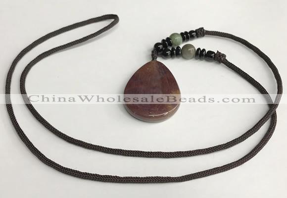 NGP5694 Agate flat teardrop pendant with nylon cord necklace